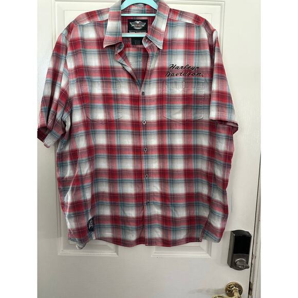 Harley Davidson Men's Red Plaid Short Sleeve Button Down Shirt 2XL - Picture 1 of 8